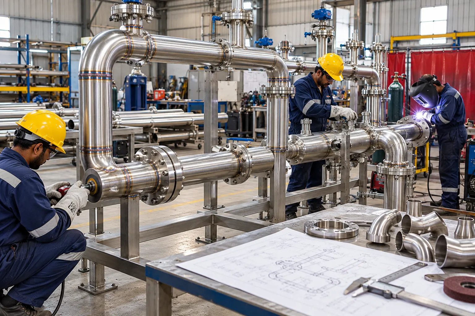 Stainless-steel process piping being fabricated on site